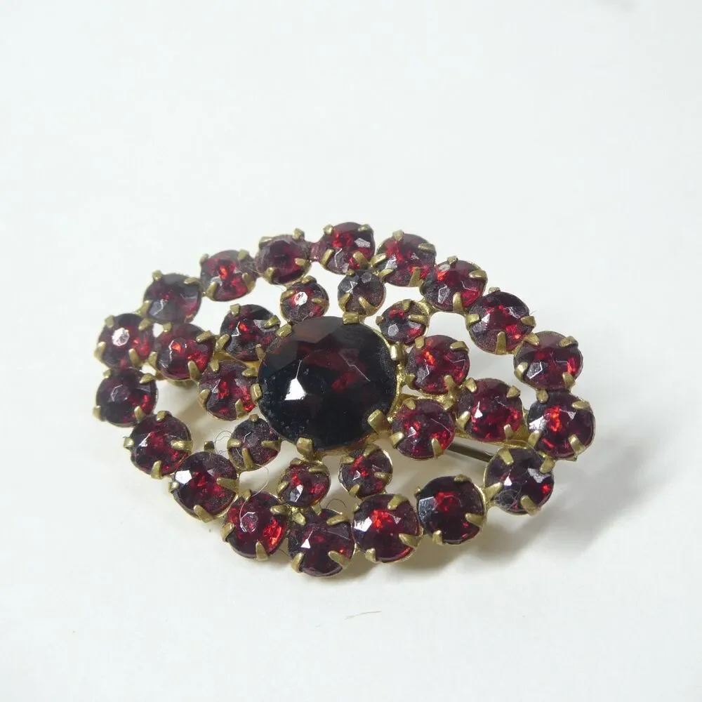 Red Brooch Czechoslovakia Signed Czech Glass Vintage Pin Oval Bohemian